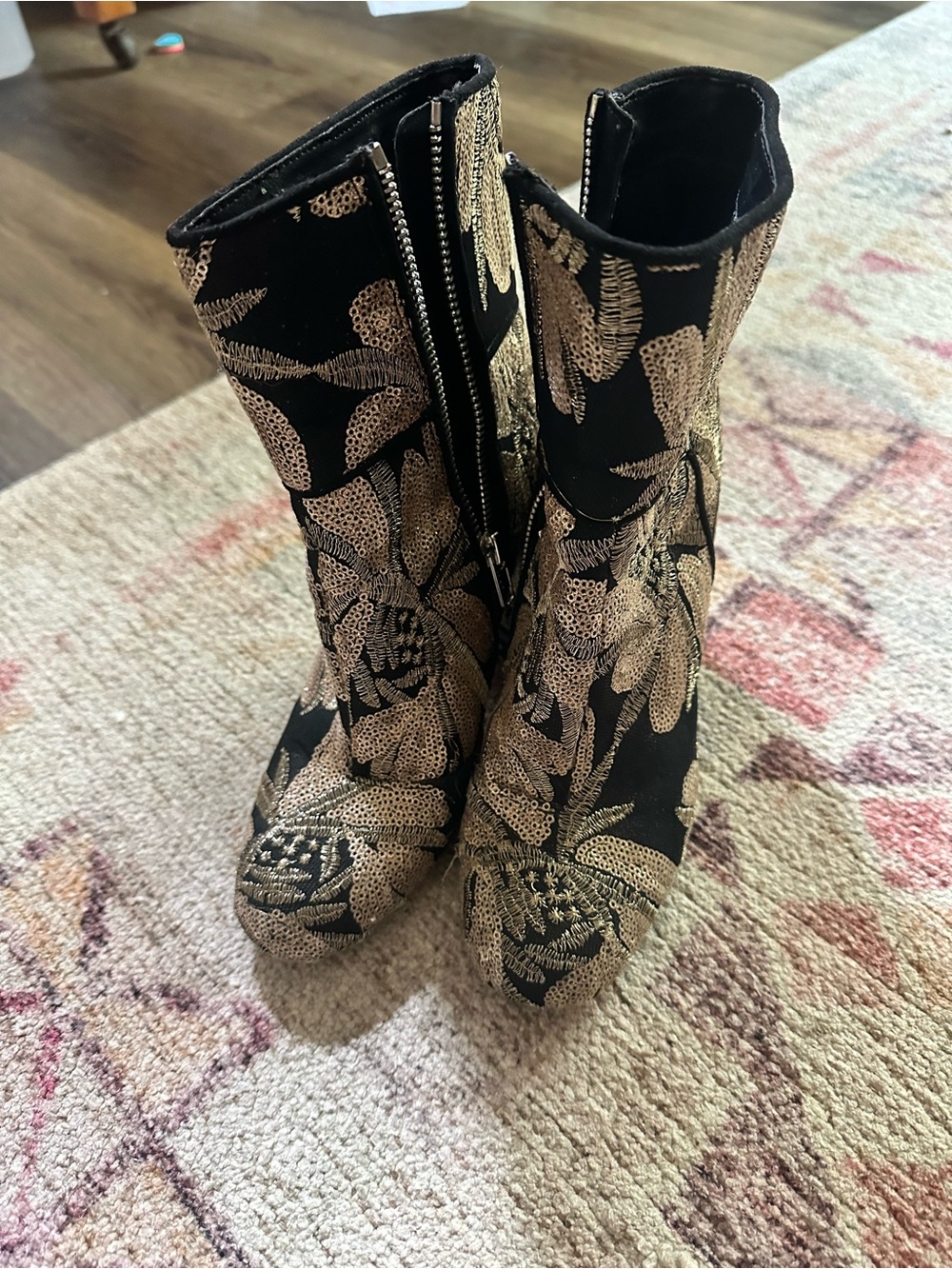 Steve Madden “Cynthia” floral brocade/tapestry ankle boots.